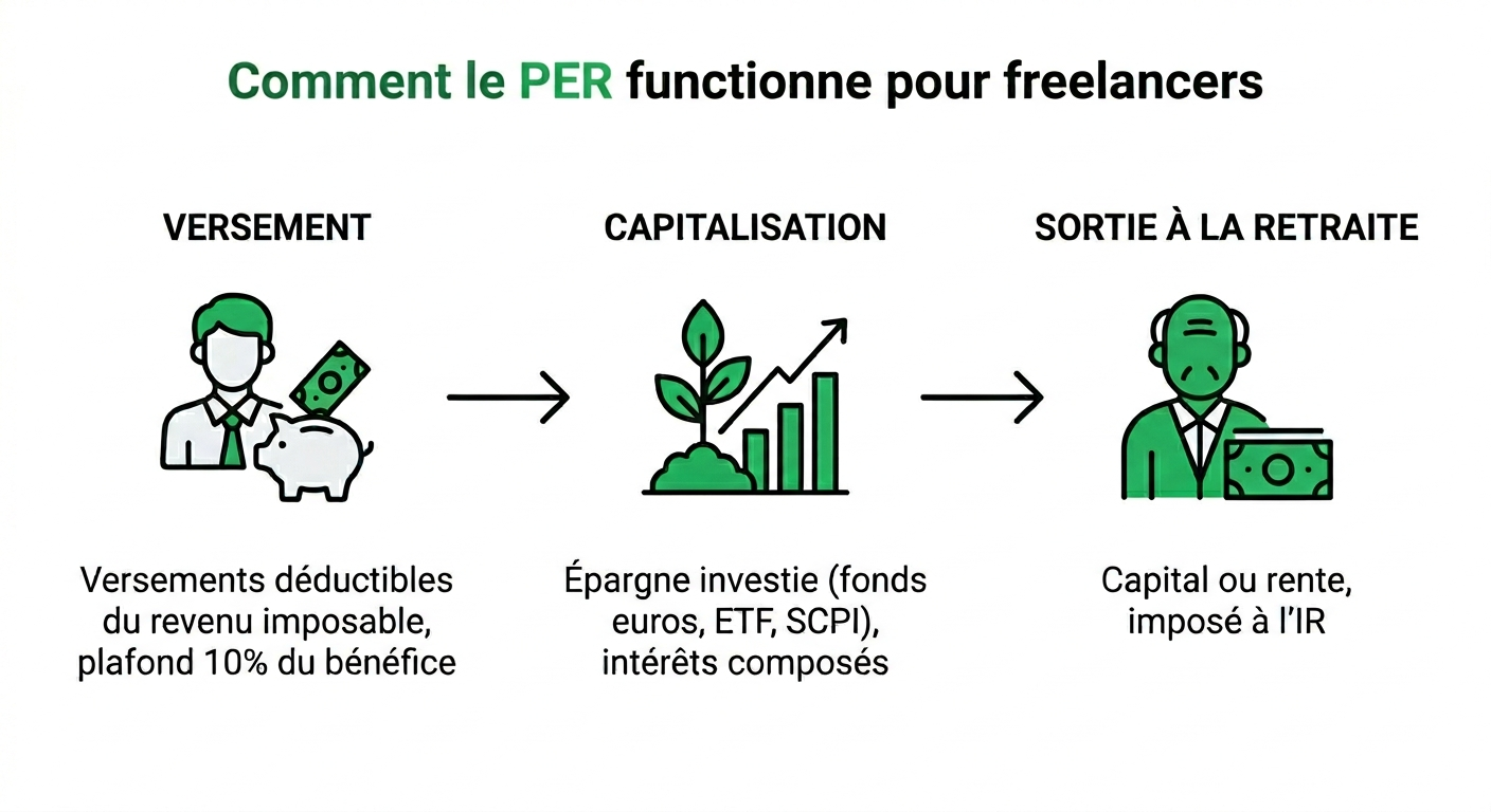 Mécanisme du PER freelance : versement déductible, capitalisation, sortie à la retraite